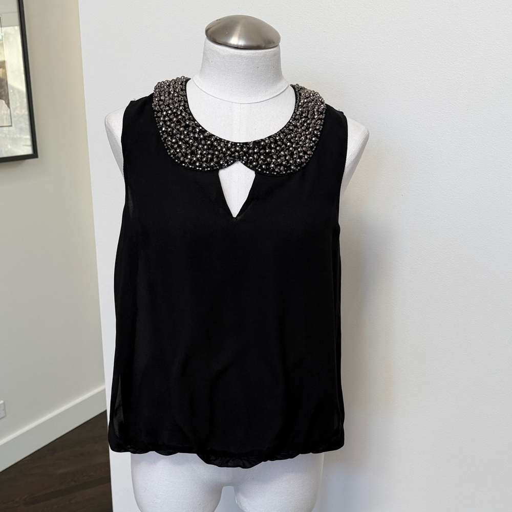 Beaded Pewter Collar on Black Sleeveless Blouse